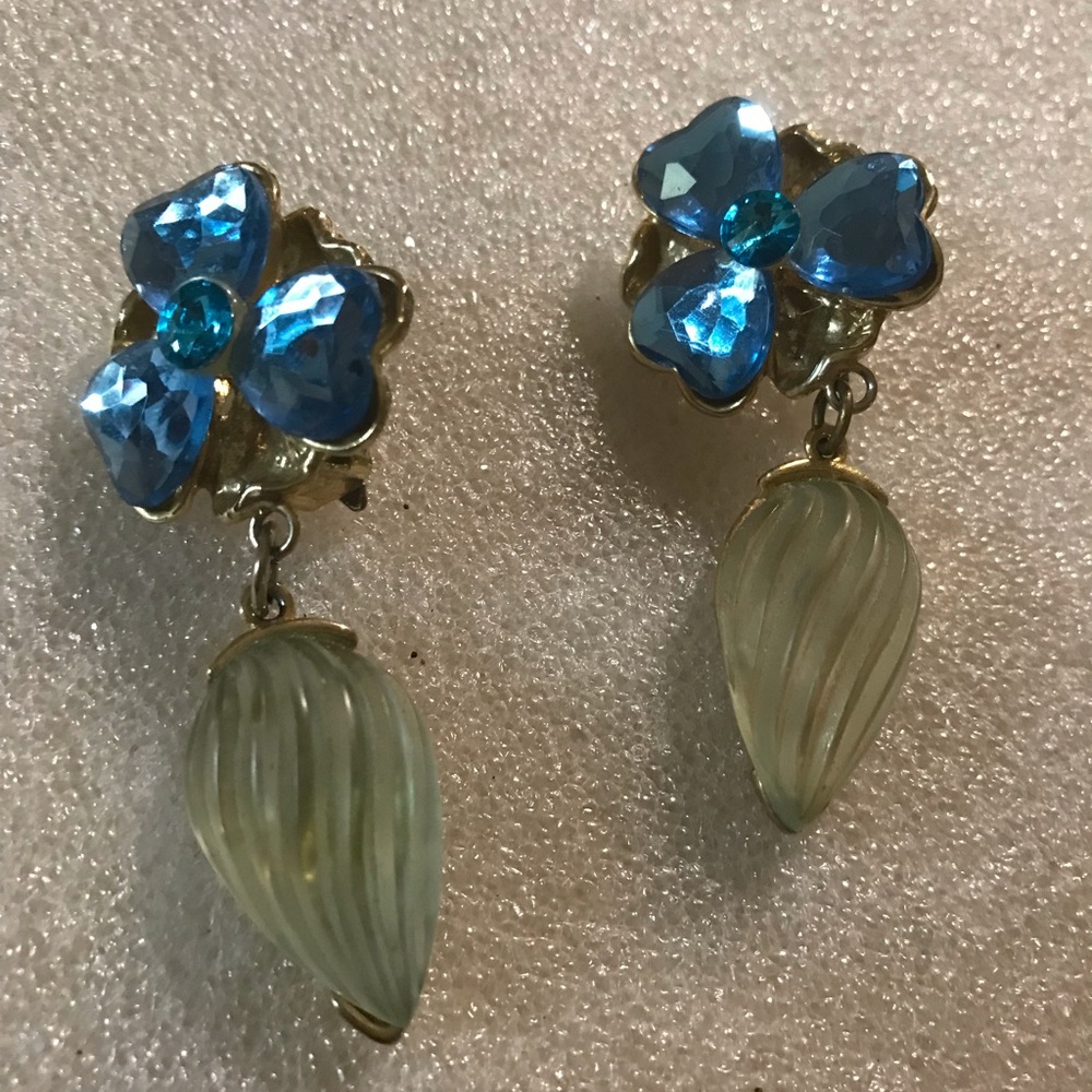 Blue Flower Drop Earrings with Pale Green Dangles